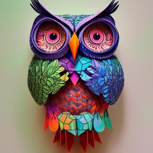 Detailed Papersculpture Origami Owl in Oil Painting Style