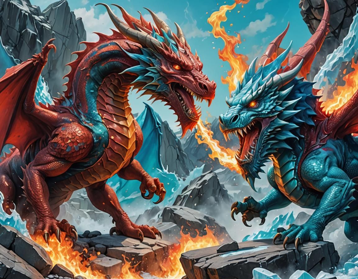 Fire Dragon vs Ice Dragon in Hyperrealistic Splash Art
