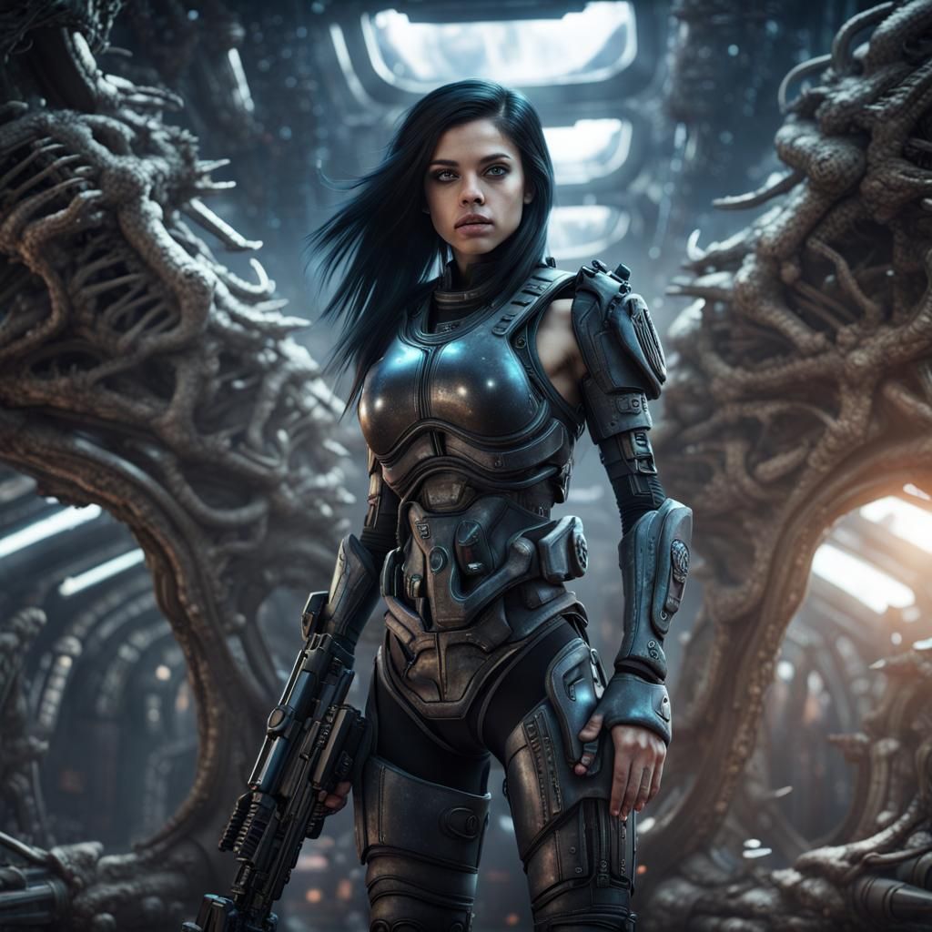 Space Soldier Girl in Alien Battle, Detailed Matte Painting