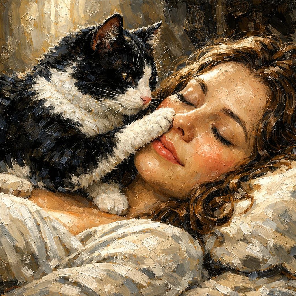 Black and White Cat Wakes Sleeping Woman in Painterly Realis...