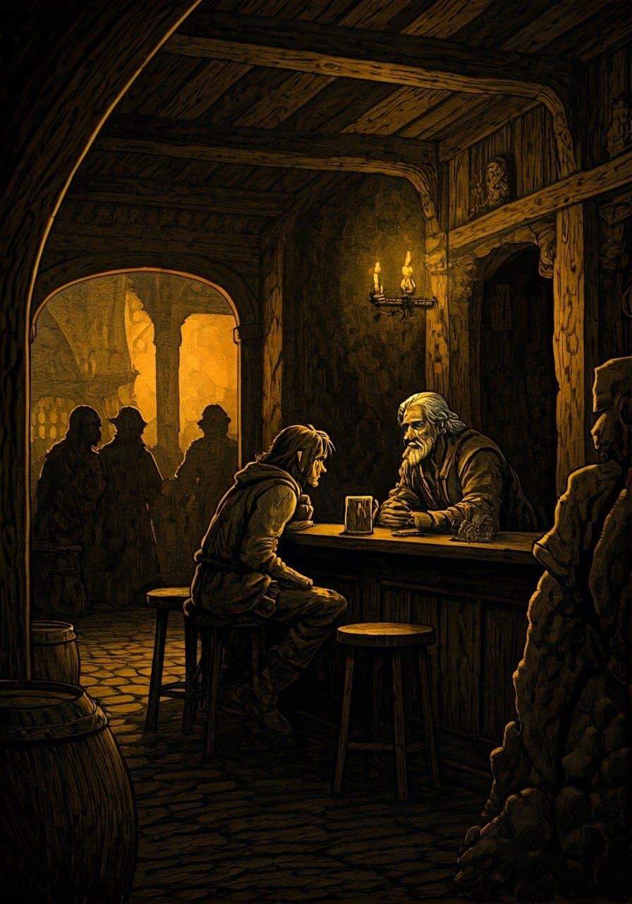 Dark Fantasy Tavern Scene in Dungeons and Dragons Style