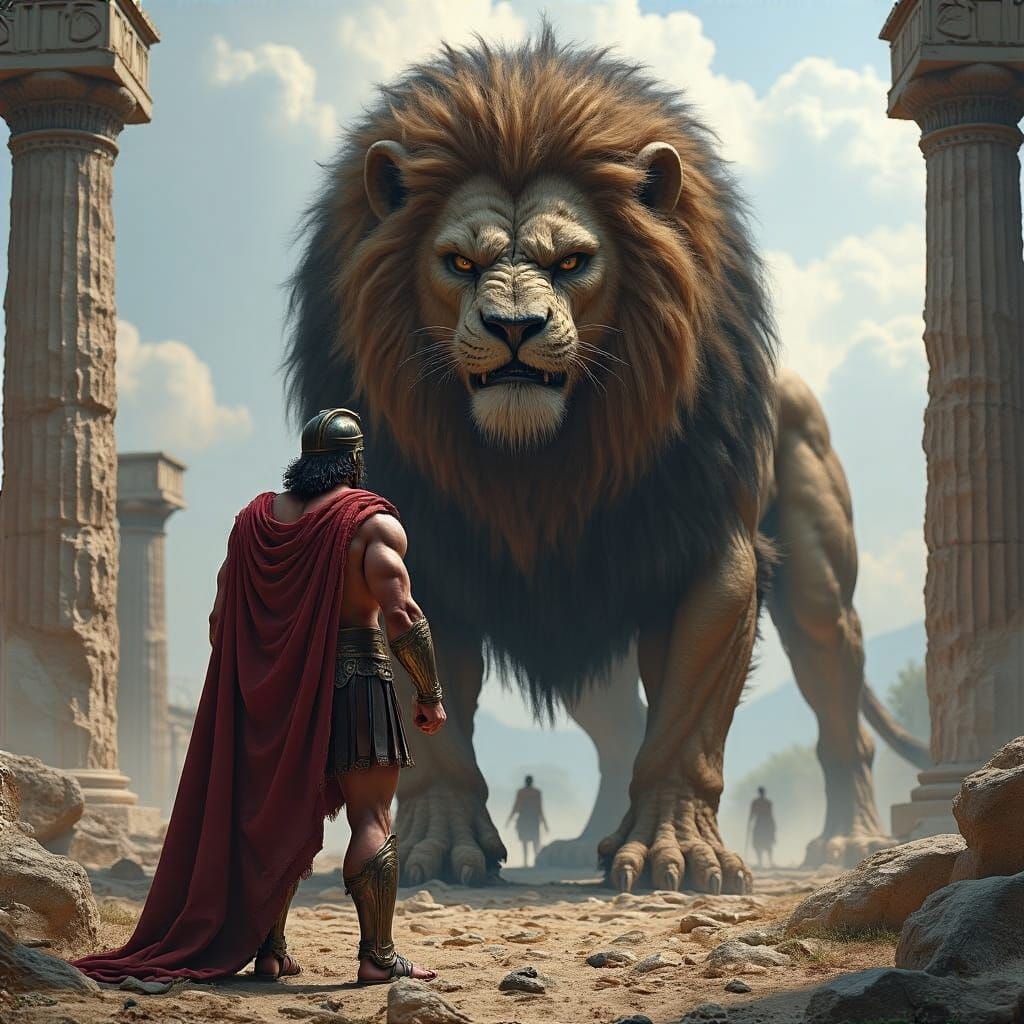 Greek Hero Battles the Nemean Lion in Epic Style