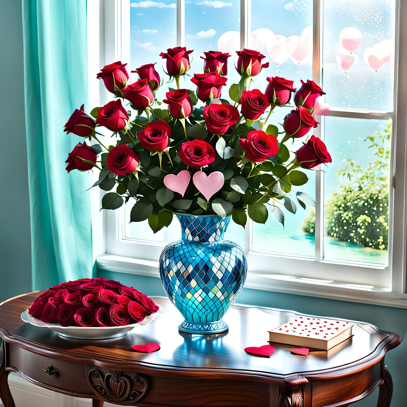 Red Roses in Vase with Tiffany Glass, Airbrush Art