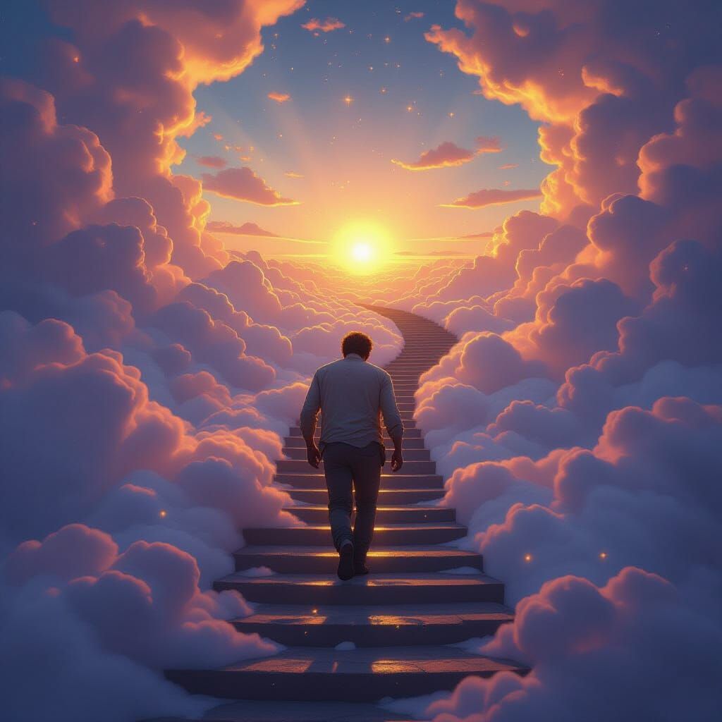 Man Crawls Up Ethereal Stairway to Radiant Sky
