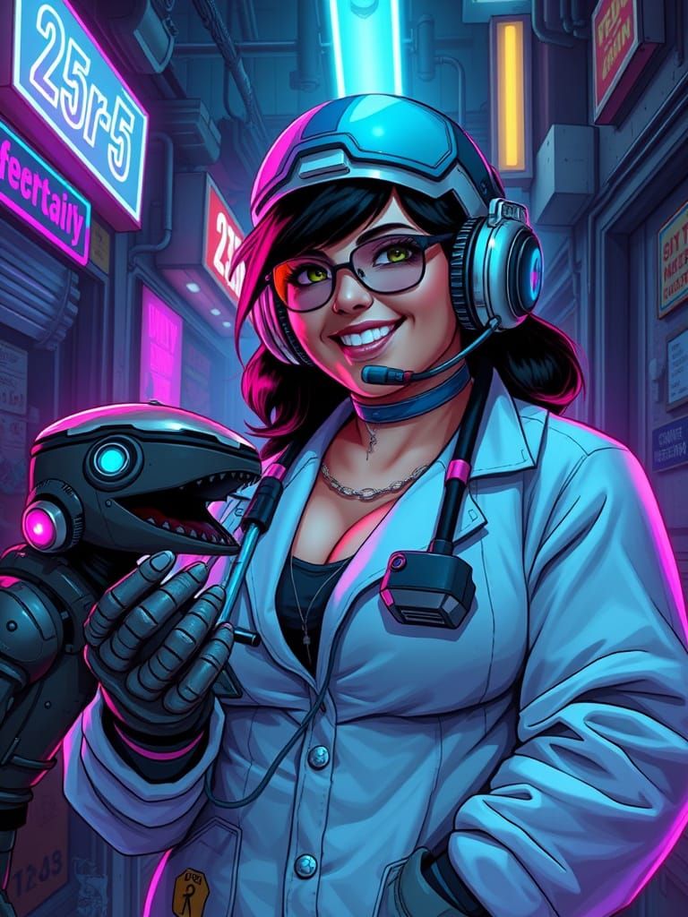 Cyberpunk Medic Tending to Robotic Creatures