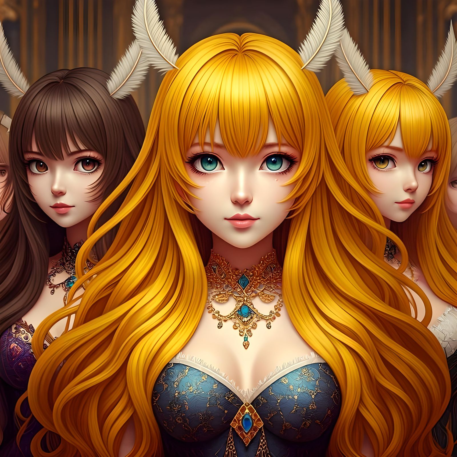 Anime Ladies in Palace Ballroom, Folk Art Style