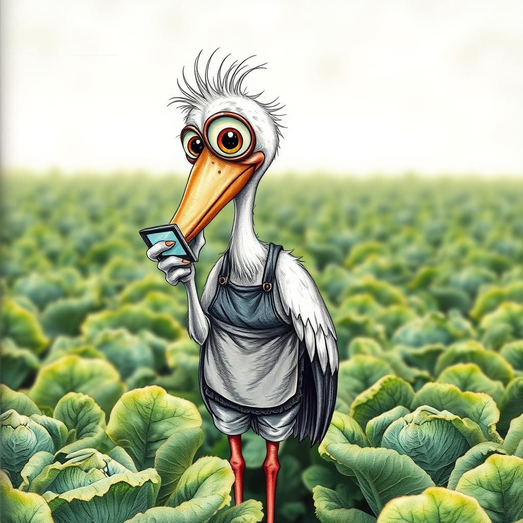 Whimsical Stork in Cabbage Field with Lorgnette