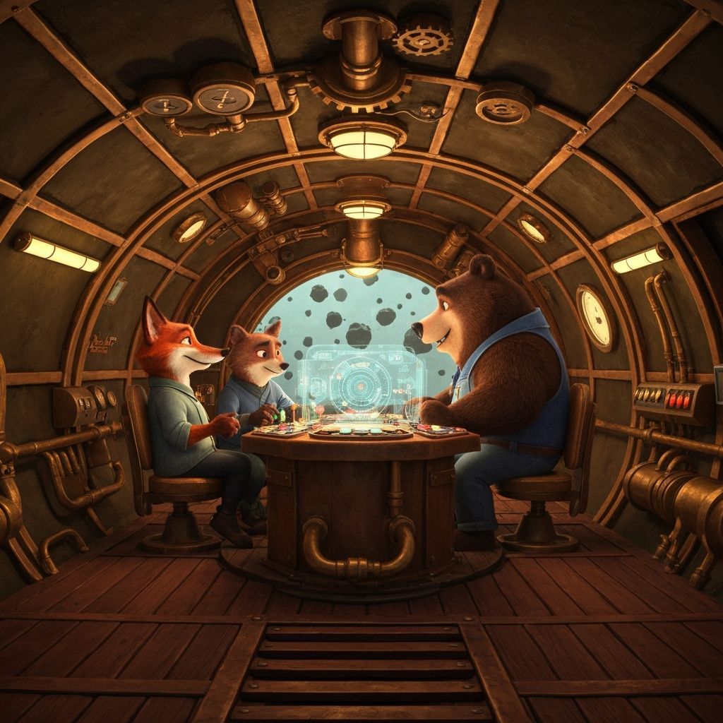 Steampunk Animals Navigate Asteroids in Rocket Ship