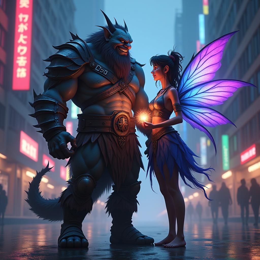 Troll Hunter and Fairy in Cyberpunk Cityscape