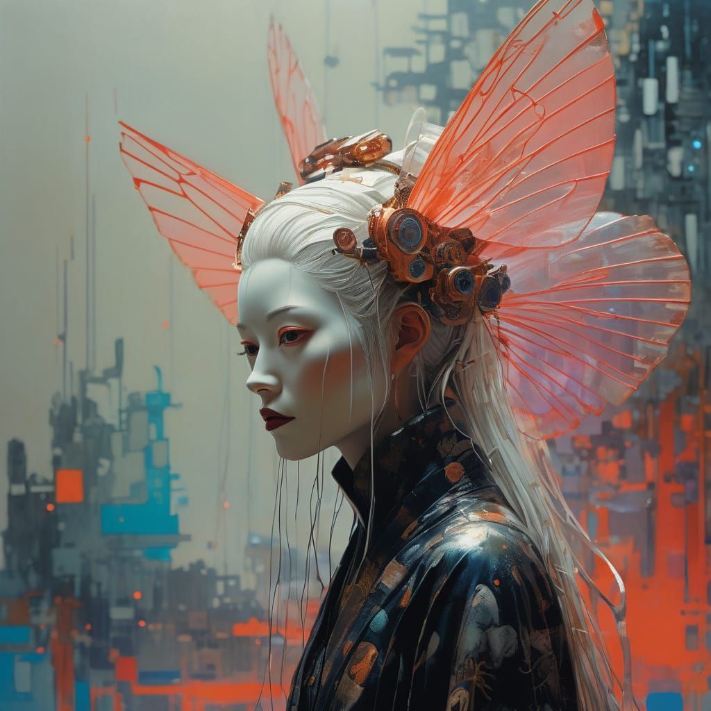 Futuristic Android Geisha Portrait in Cyberpunk Style