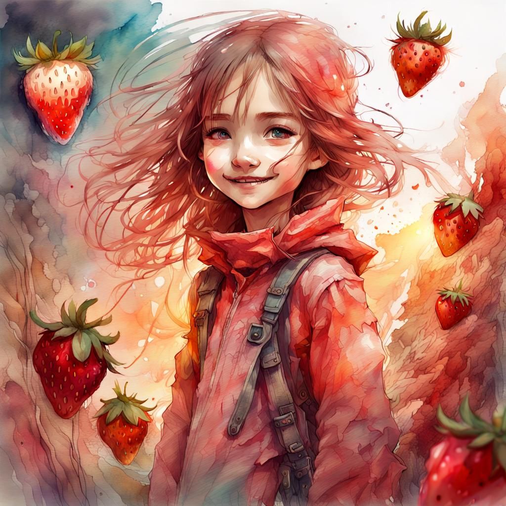 Chibi Strawberry Girl in Watercolor Fantasyscape