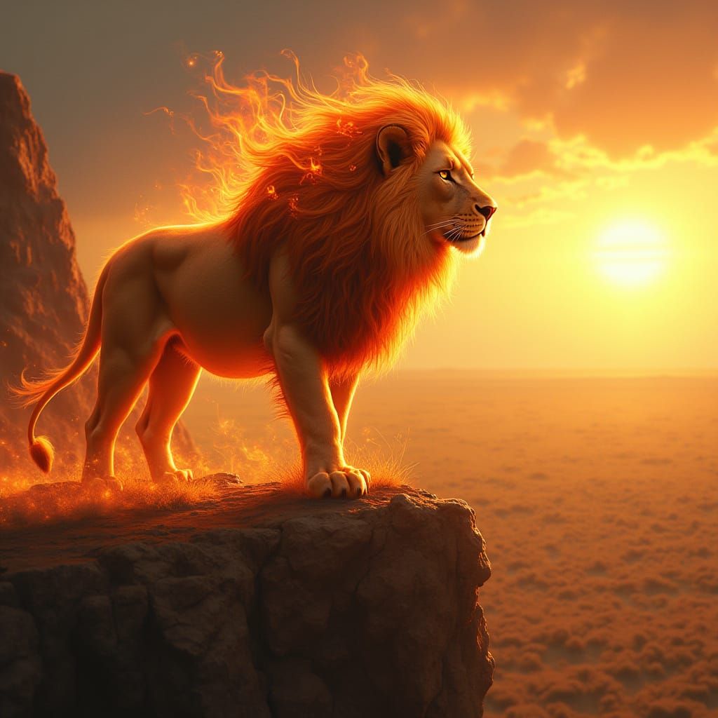 Majestic Lion in Fiery Mane, Overlooking Sunlit Savanna