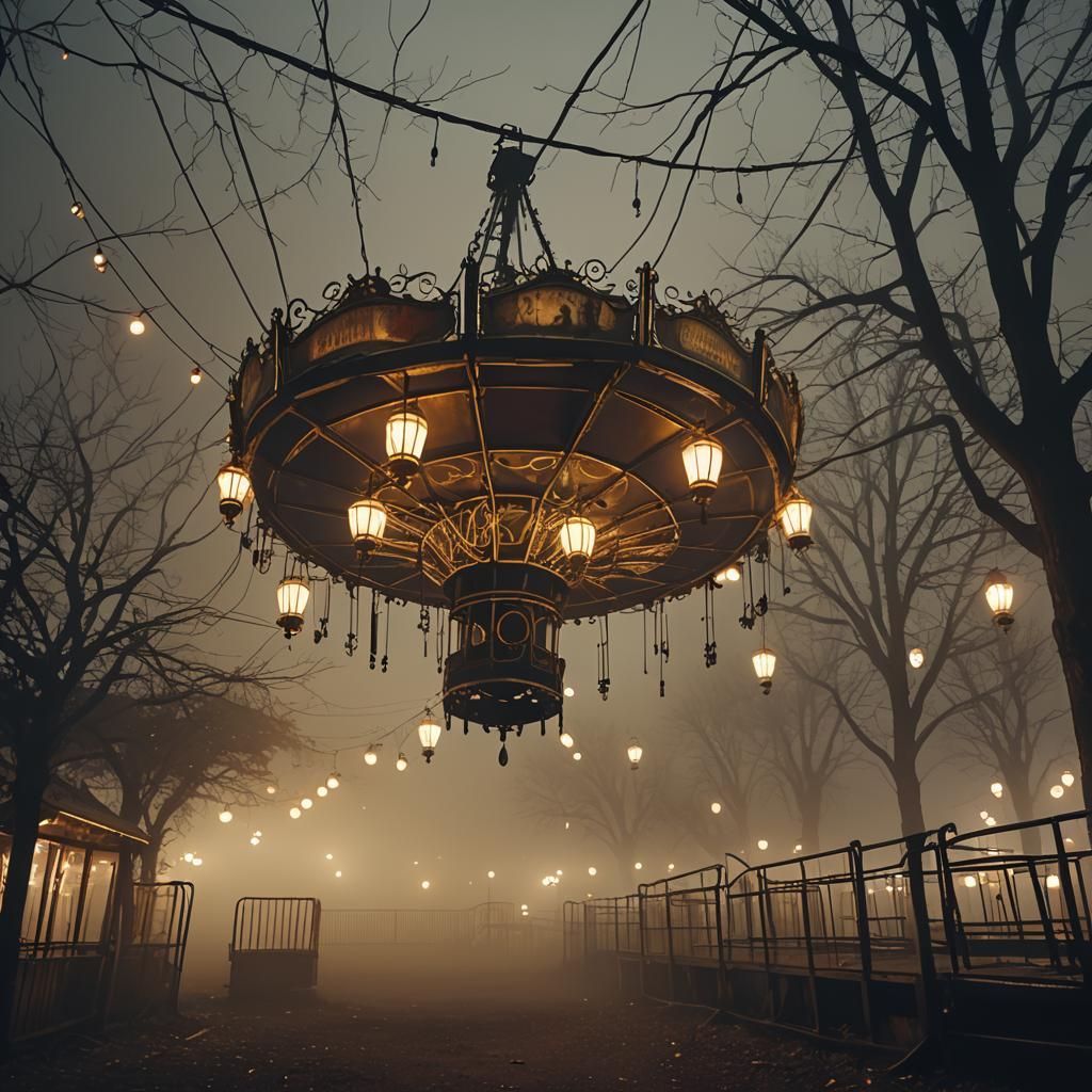 Eerie Abandoned Amusement Park in Dense Fog