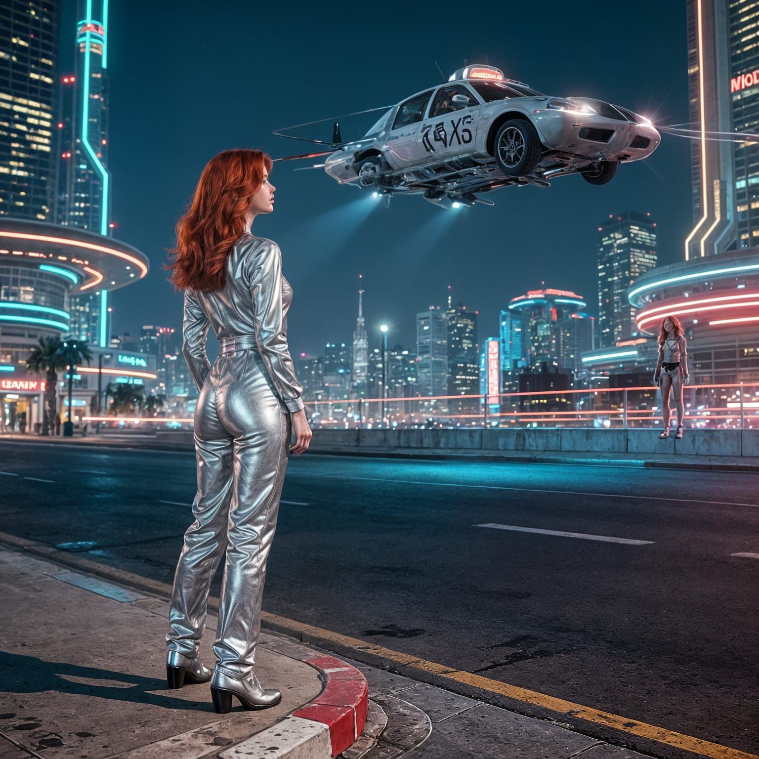Futuristic City Scene: Woman Awaits Flying Taxi