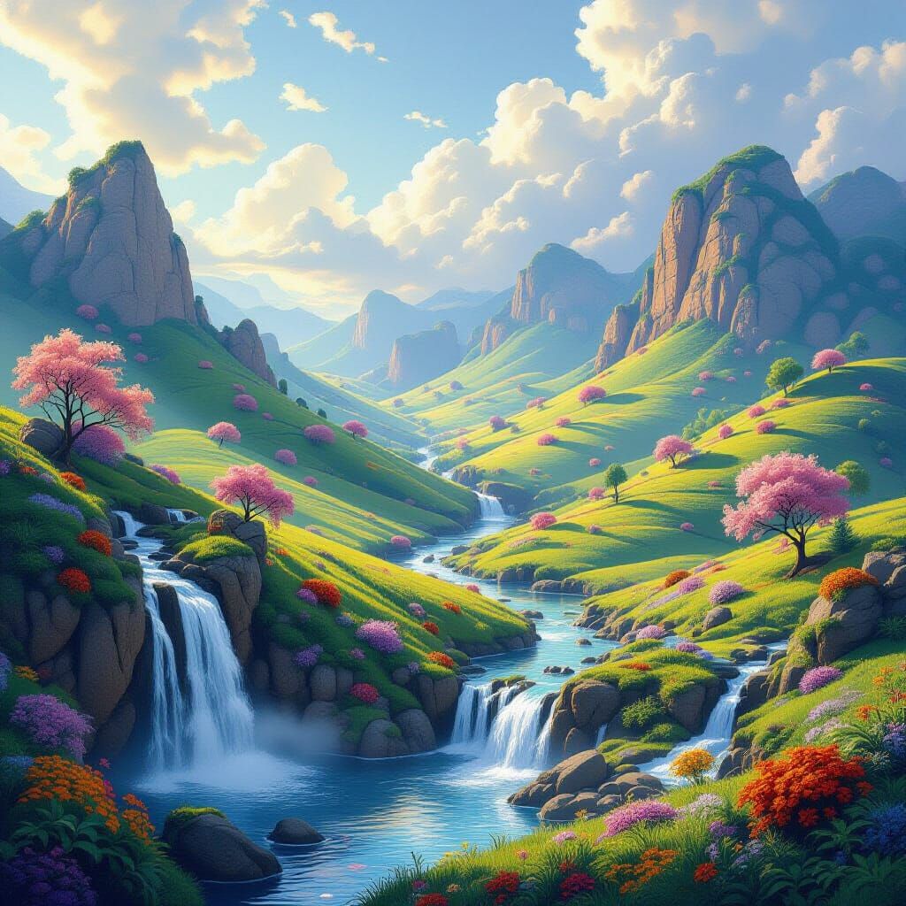Dreamy Fantasy Realm with Waterfalls and Flora