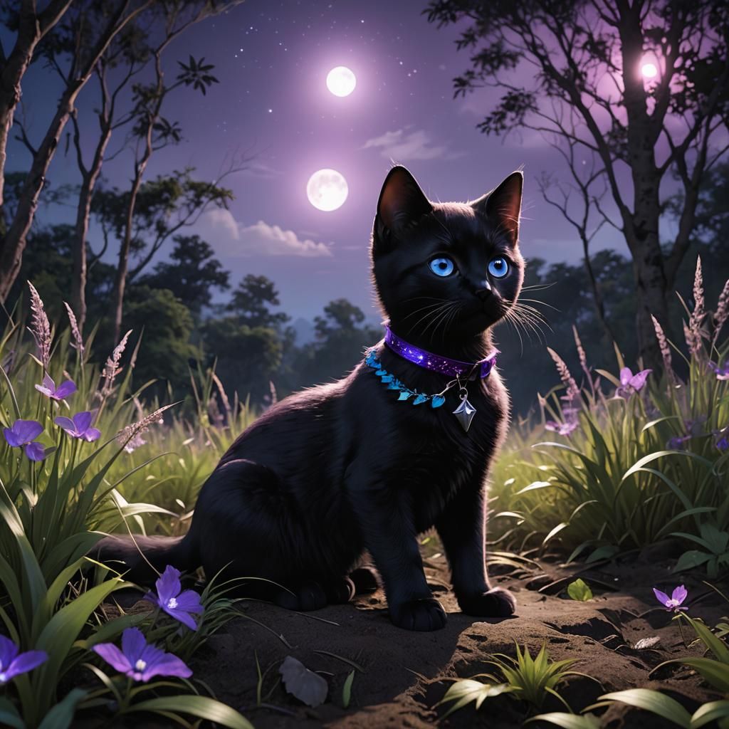 Black Kitten Stares at Moon in Anime Style