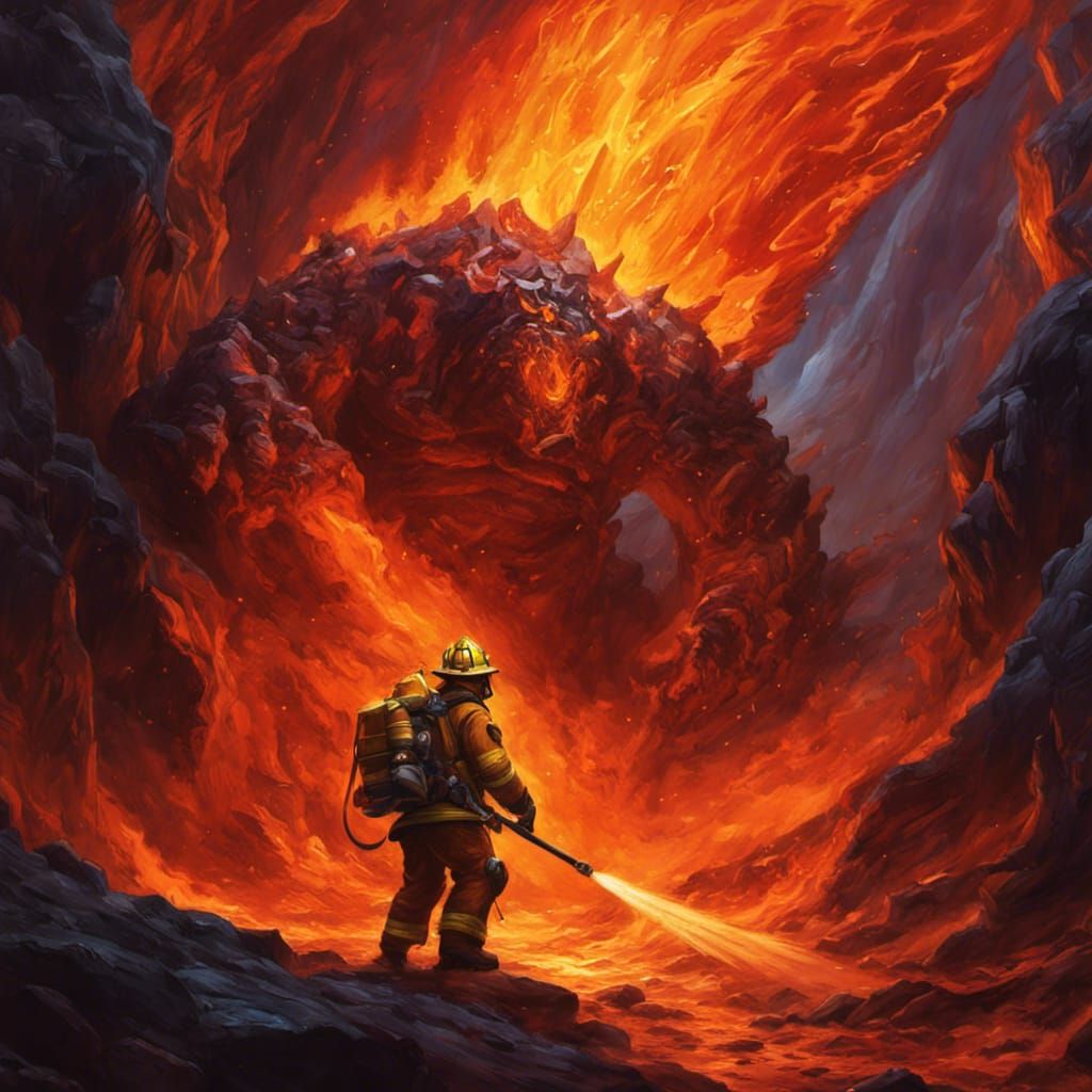 Firefighter vs Lava Creature in Hyperrealistic Style