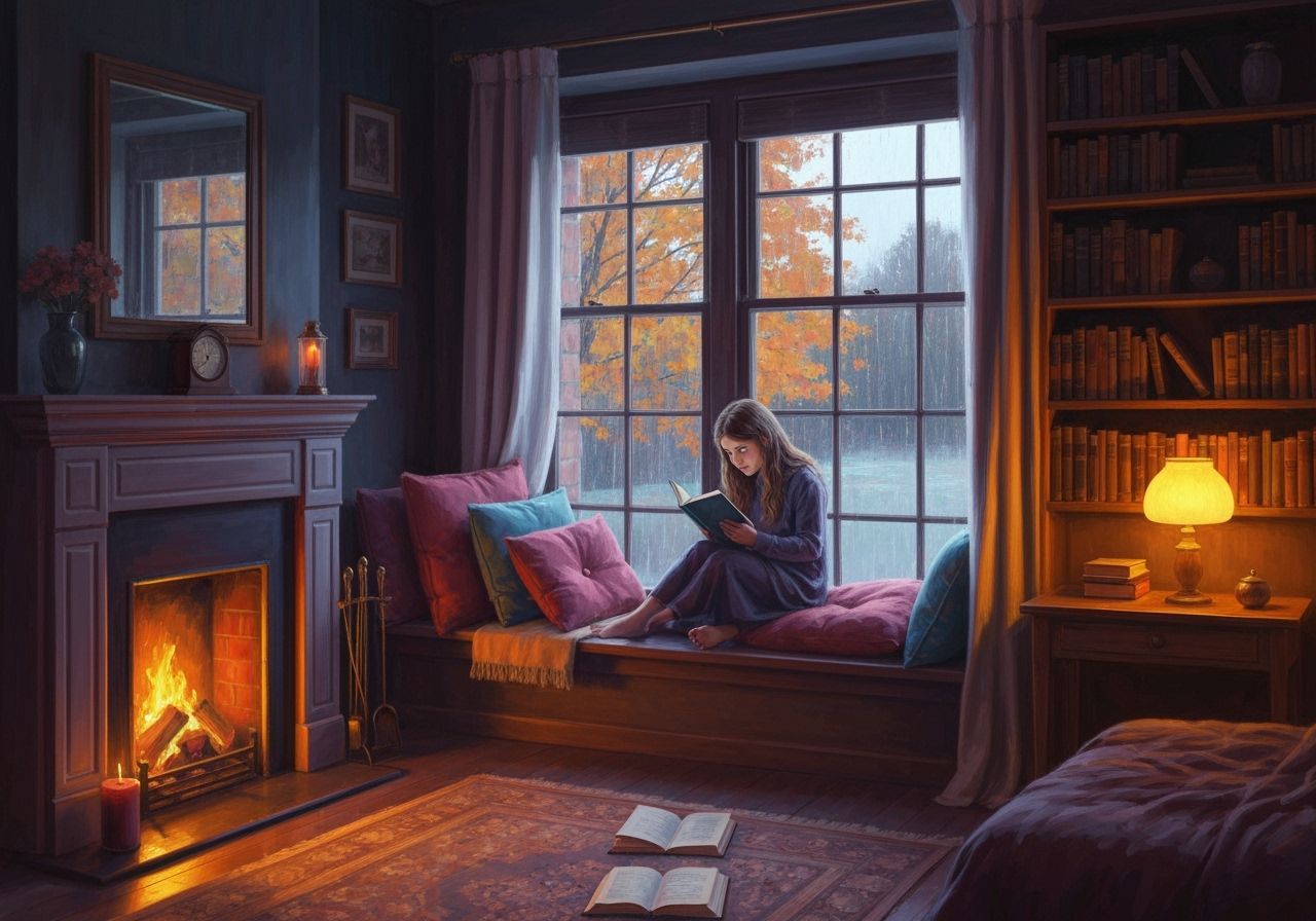 Cozy Girl Reading by the Window in Autumn Style