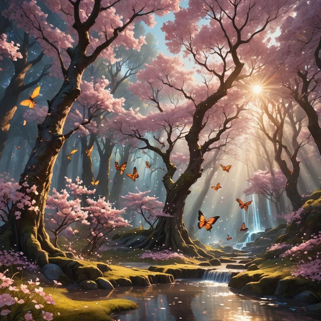 Enchanted Forest: Cherry Blossoms in Art Nouveau Style