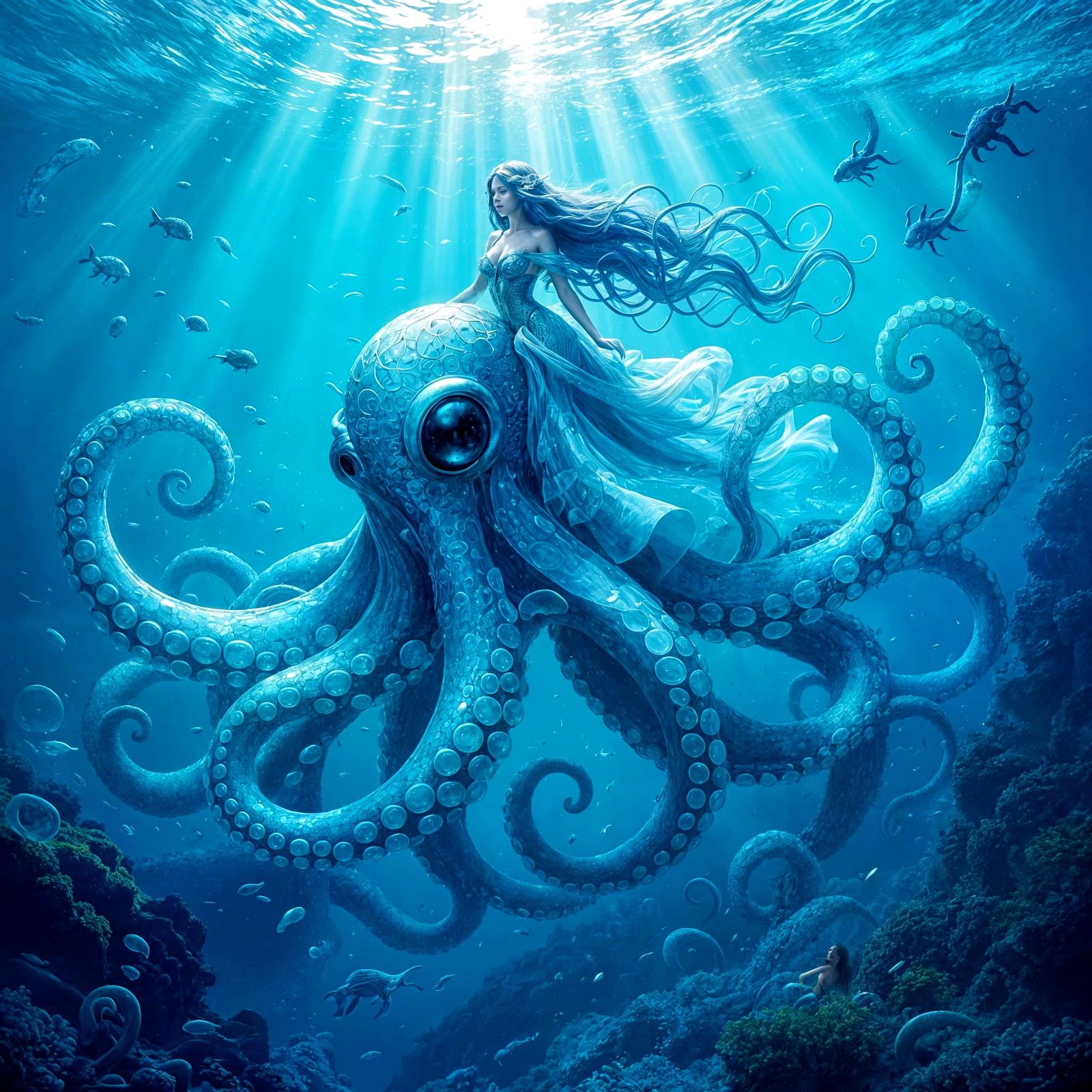 Ethereal Mermaid Rides Sea Glass Kraken in Deep Ocean
