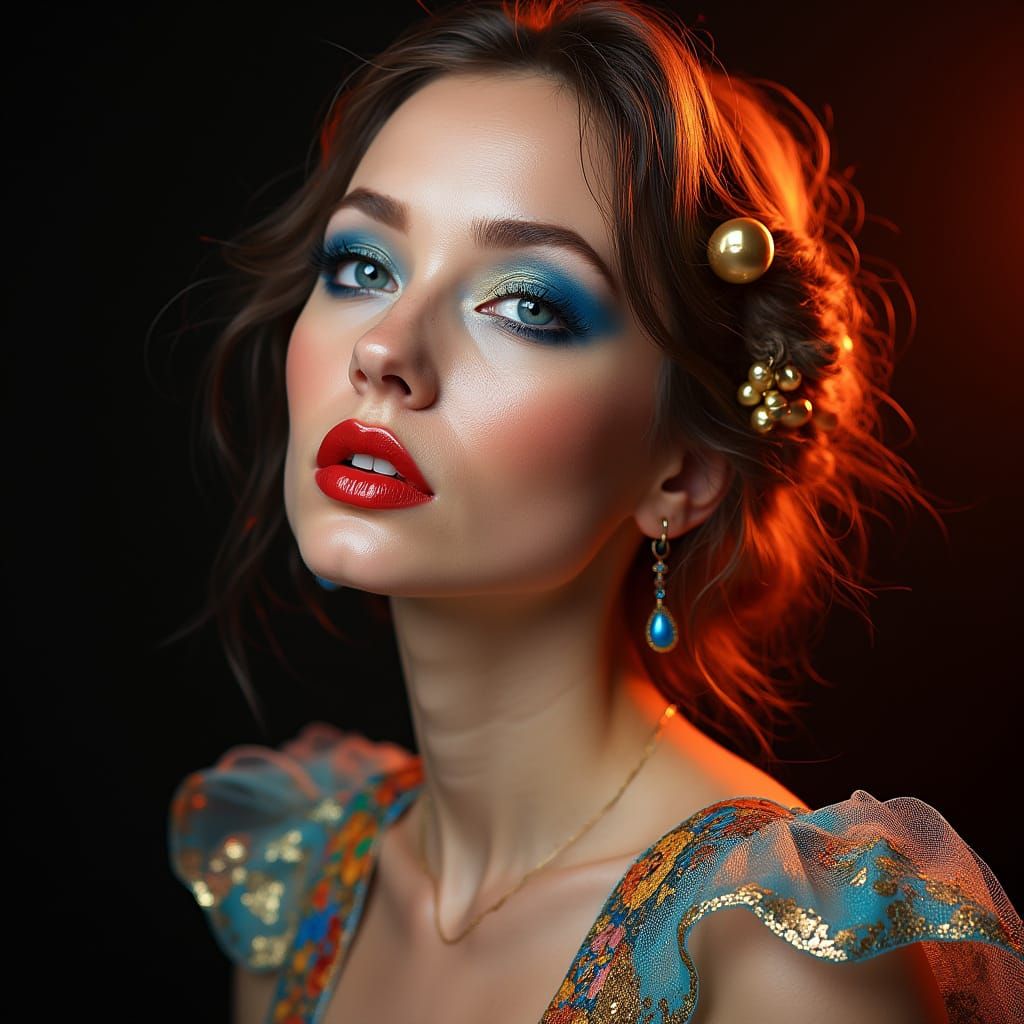 Stylized Portrait with Bold Makeup and Geometric Elements