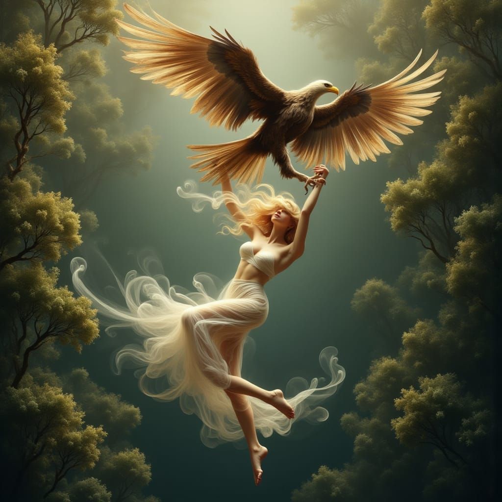 Woman Flying with Eagle Above Forest in Digital Matte Painti...