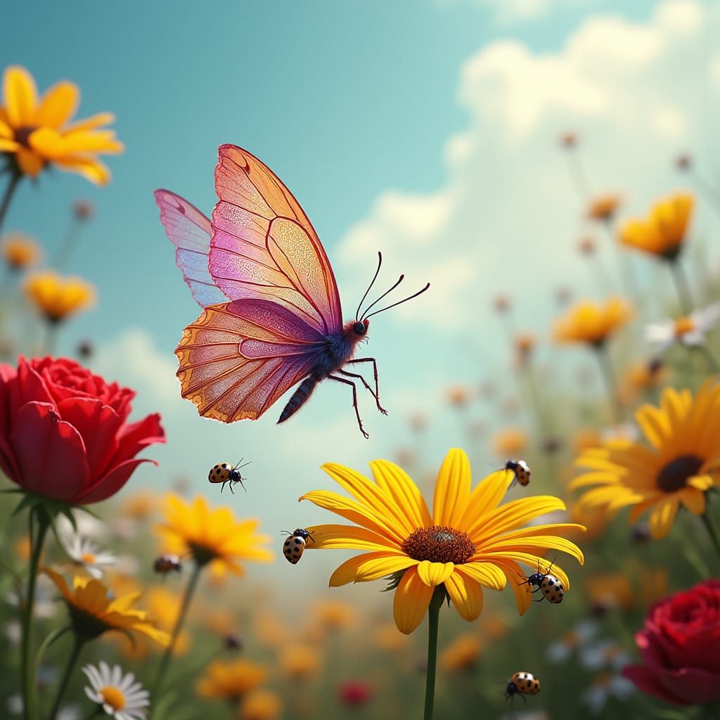 Lace-Winged Butterfly in Vibrant Floral Meadow