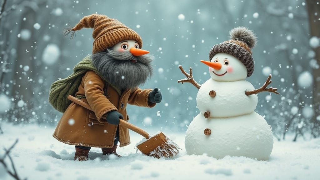 Whimsical Snowman Shovels Snow in a Delicate Snowflake Vorte...