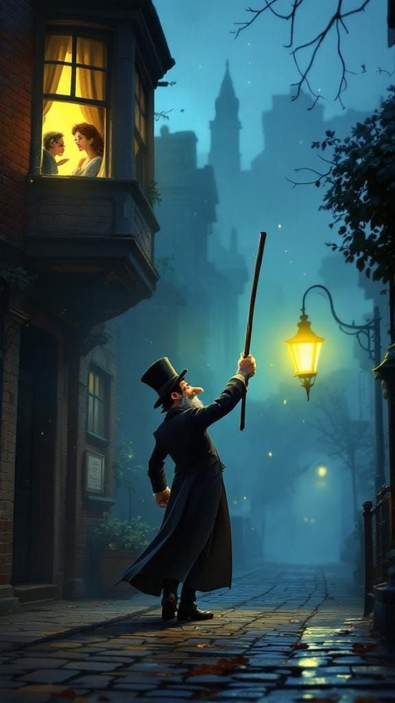 Victorian Knocker-Up: Humorous 3D Cartoon Scene