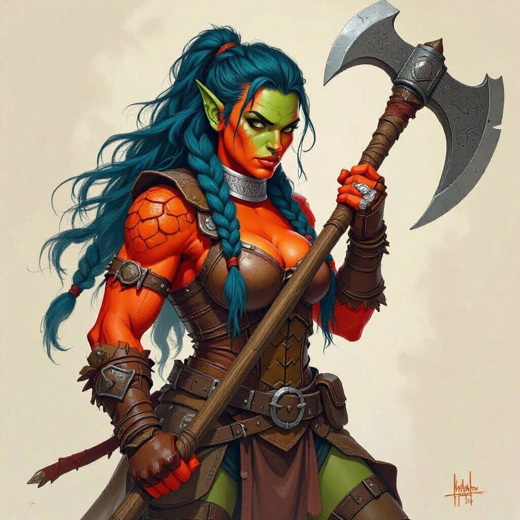 Half-Orc Barbarian with Greataxe, in a Gritty Fantasy Style