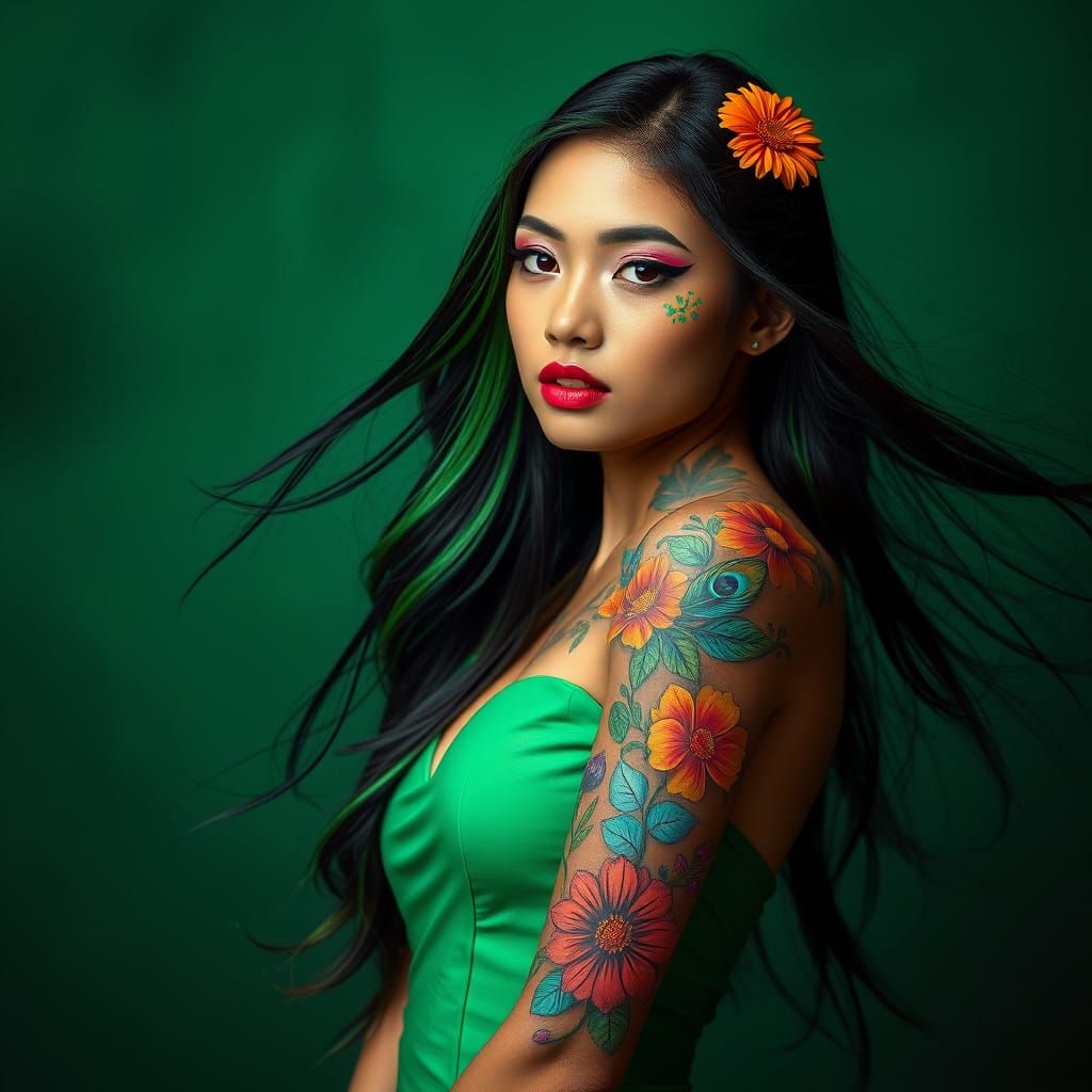 Macanese Woman with Floral Tattoos and Green Hair