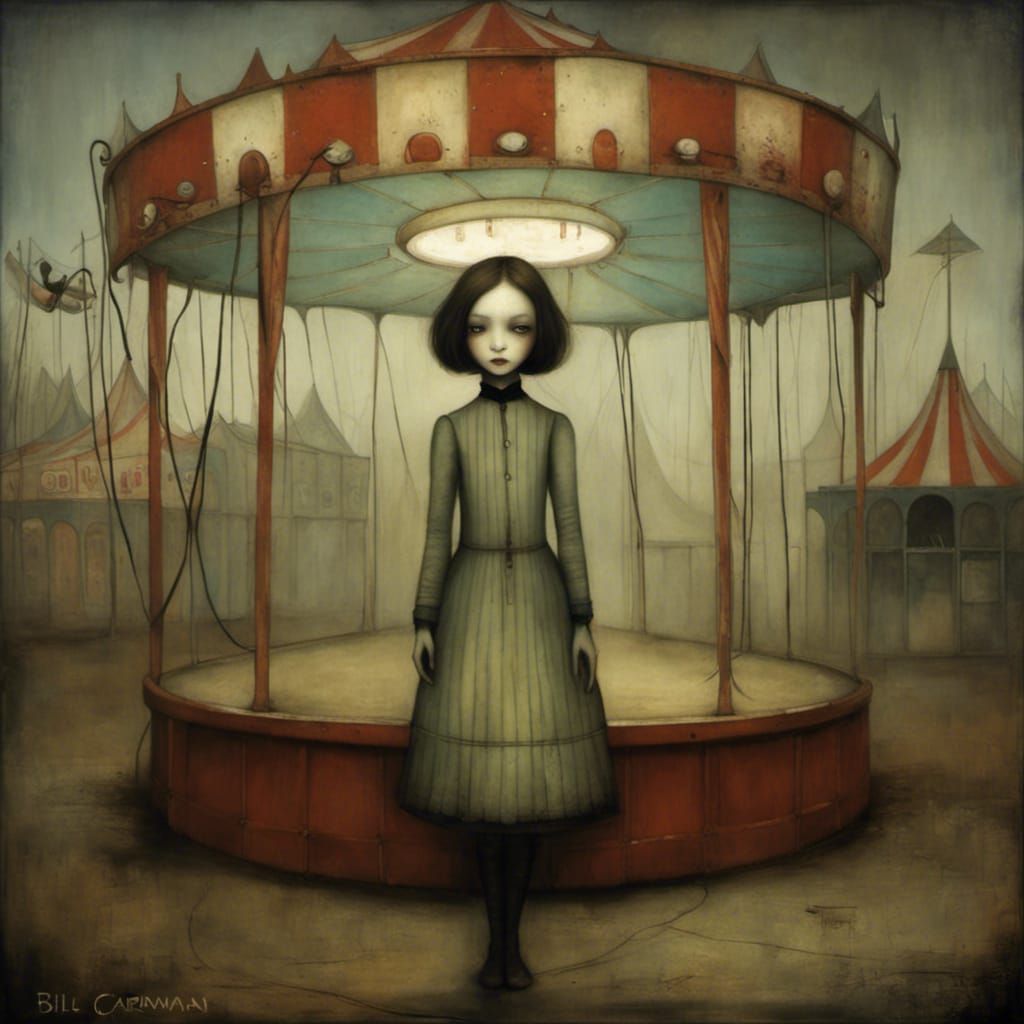 Eerie Girl in Abandoned Carnival, Surrealist Style