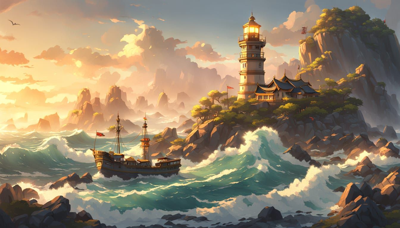 Fantasy Lighthouse on Rocky Coast in Anime Style