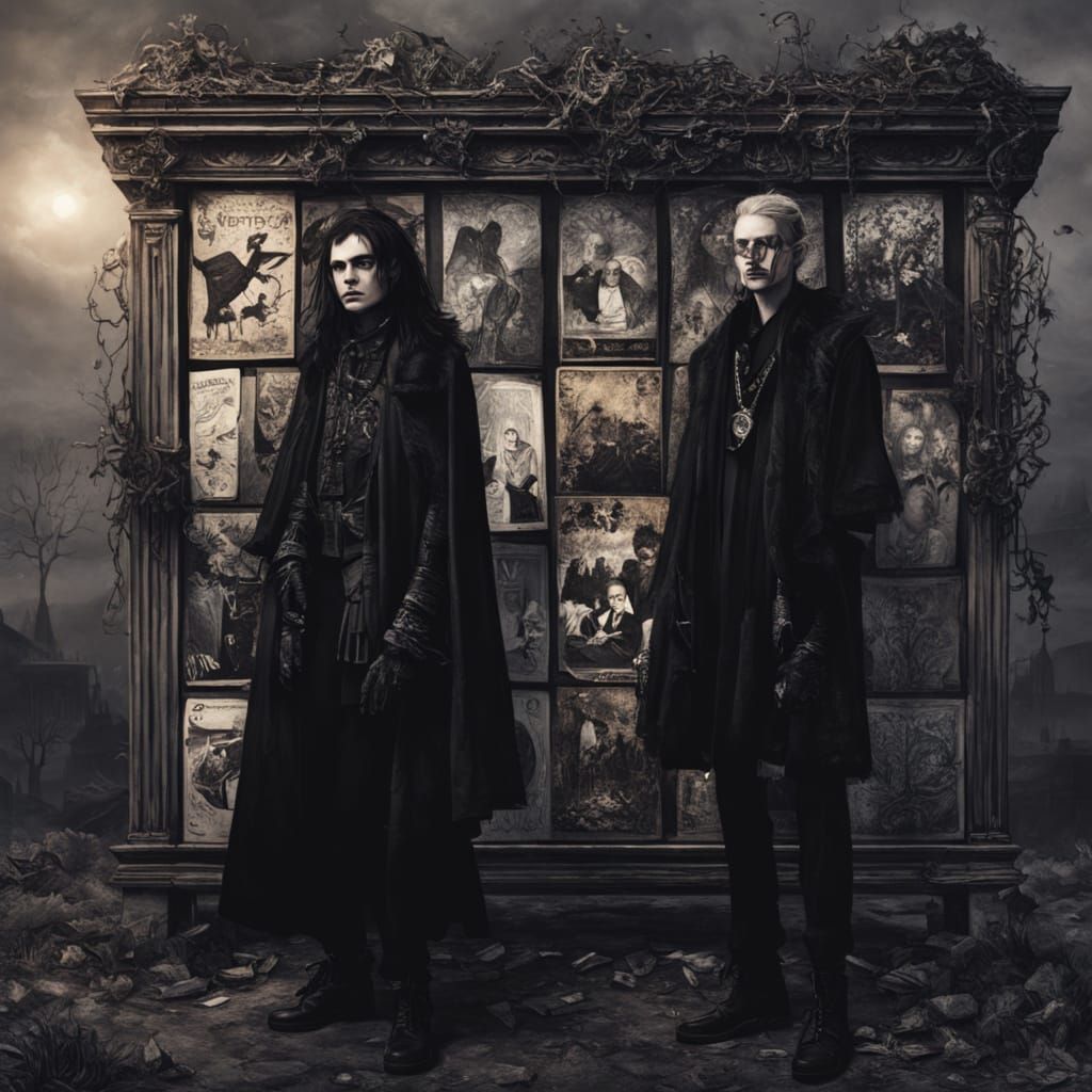 Goth Celebrities Pose by Magazine Rack in Dark Fantasy Style