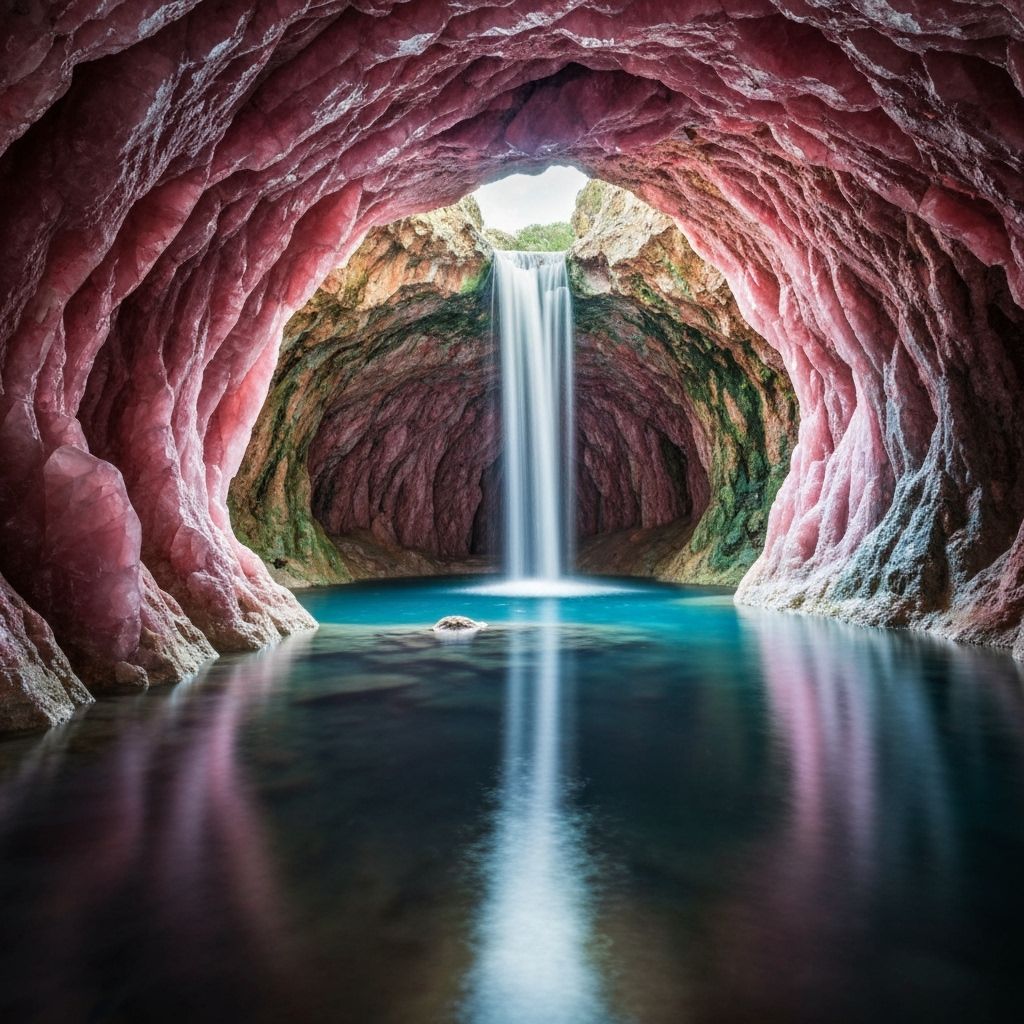 Enchanting Hidden Grotto with Starlight Waterfalls