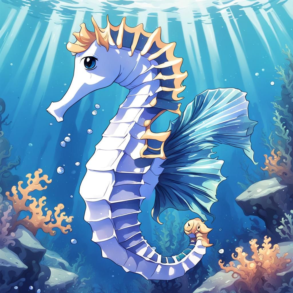 Cute Seahorse in Anime Style Ocean Scene