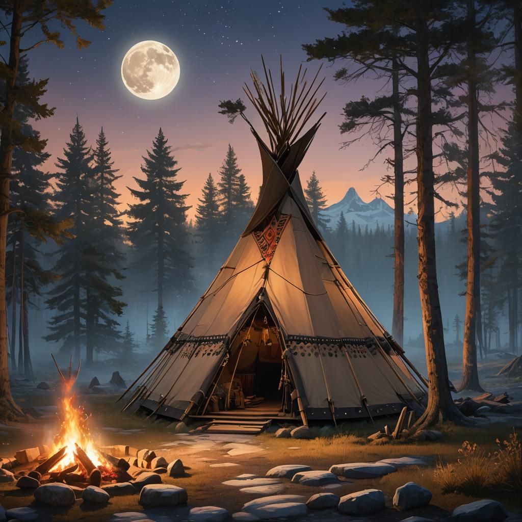 Moonlit Indigenous Camp Portrait in Hyperdetailed Style