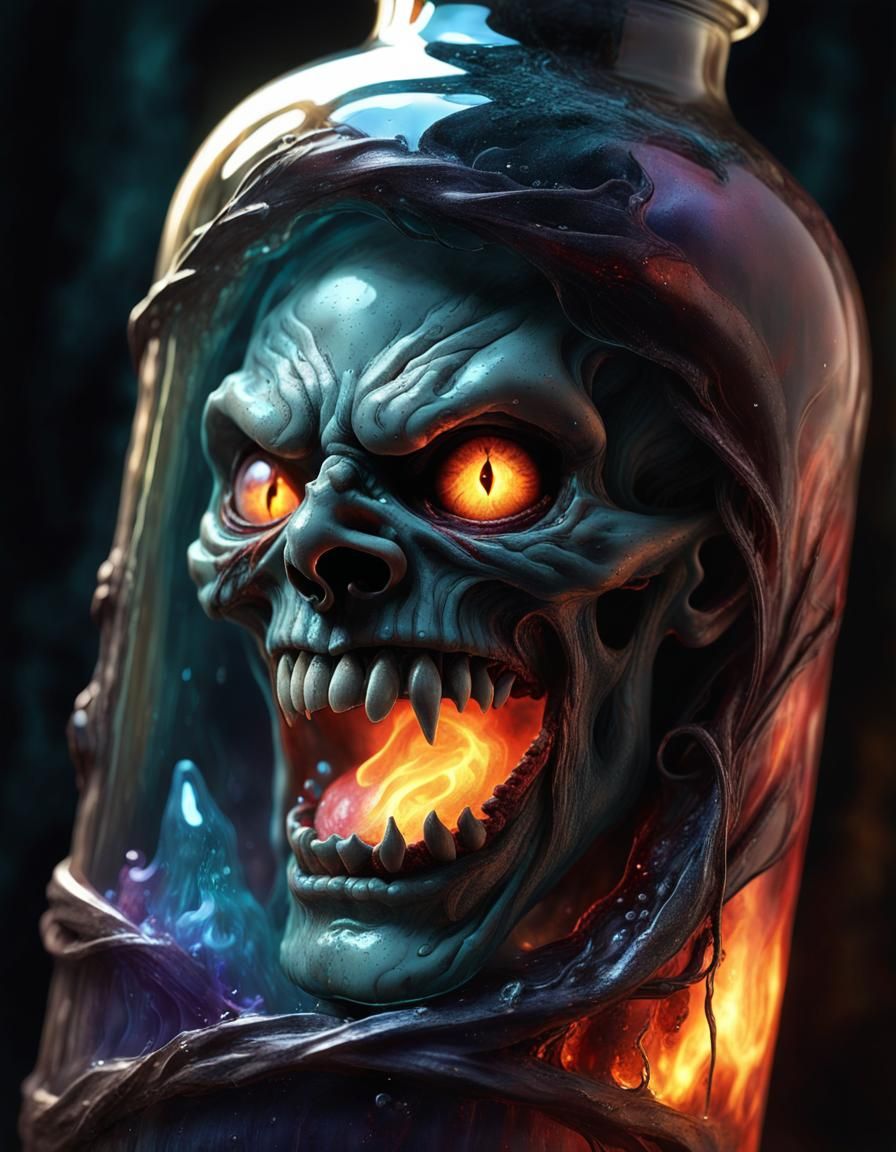 "Demon in a bottle,ancient evil captured sin." 8k resolution deviantart; VRay CGSociety, horror ominous, wet wash irides...