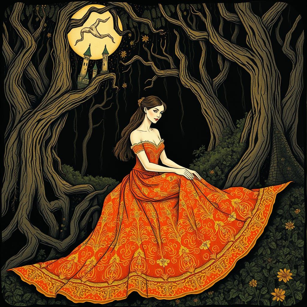 Woman in Golden Gown, Mystical Forest