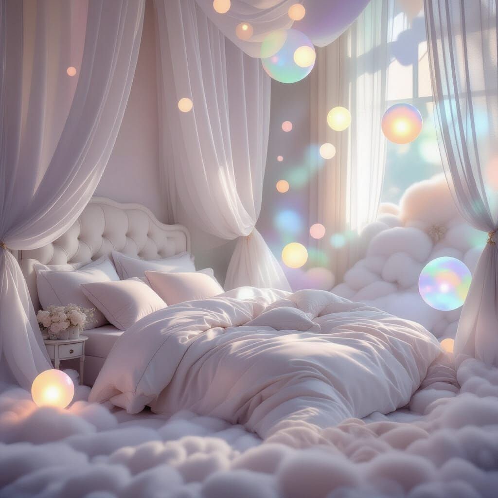 Dreamy Bedroom with Cloud Bed and Ethereal Mist