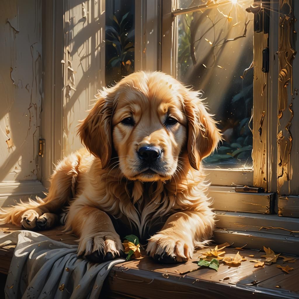 Sleeping Golden Retriever Puppy: Oil Painting in Sunlight