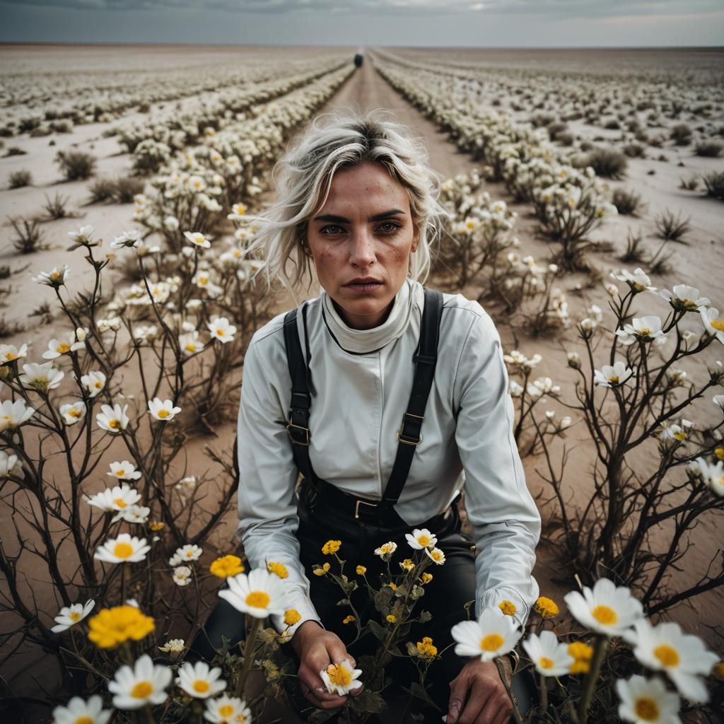 white desert with flowers, girl