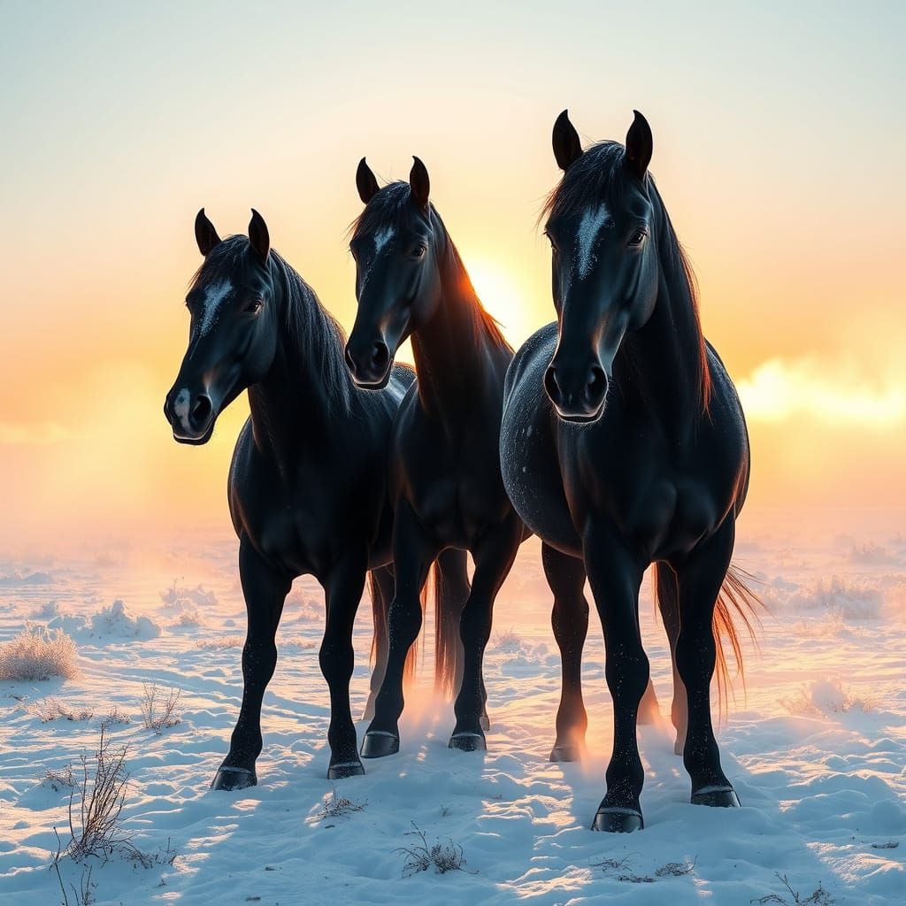 Majestic Black Horses in a Snowy Field at Dawn