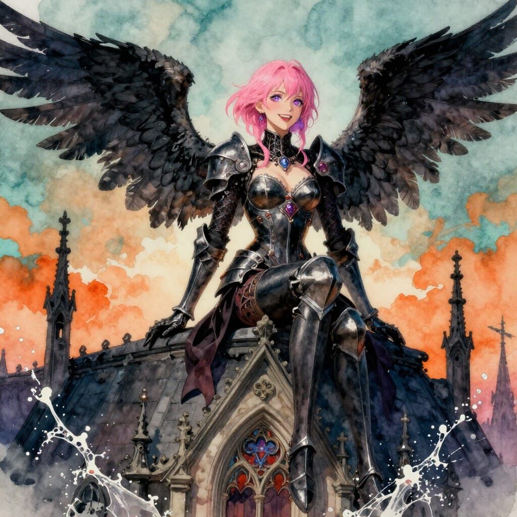 Gothic Angel Woman on Church Roof at Night