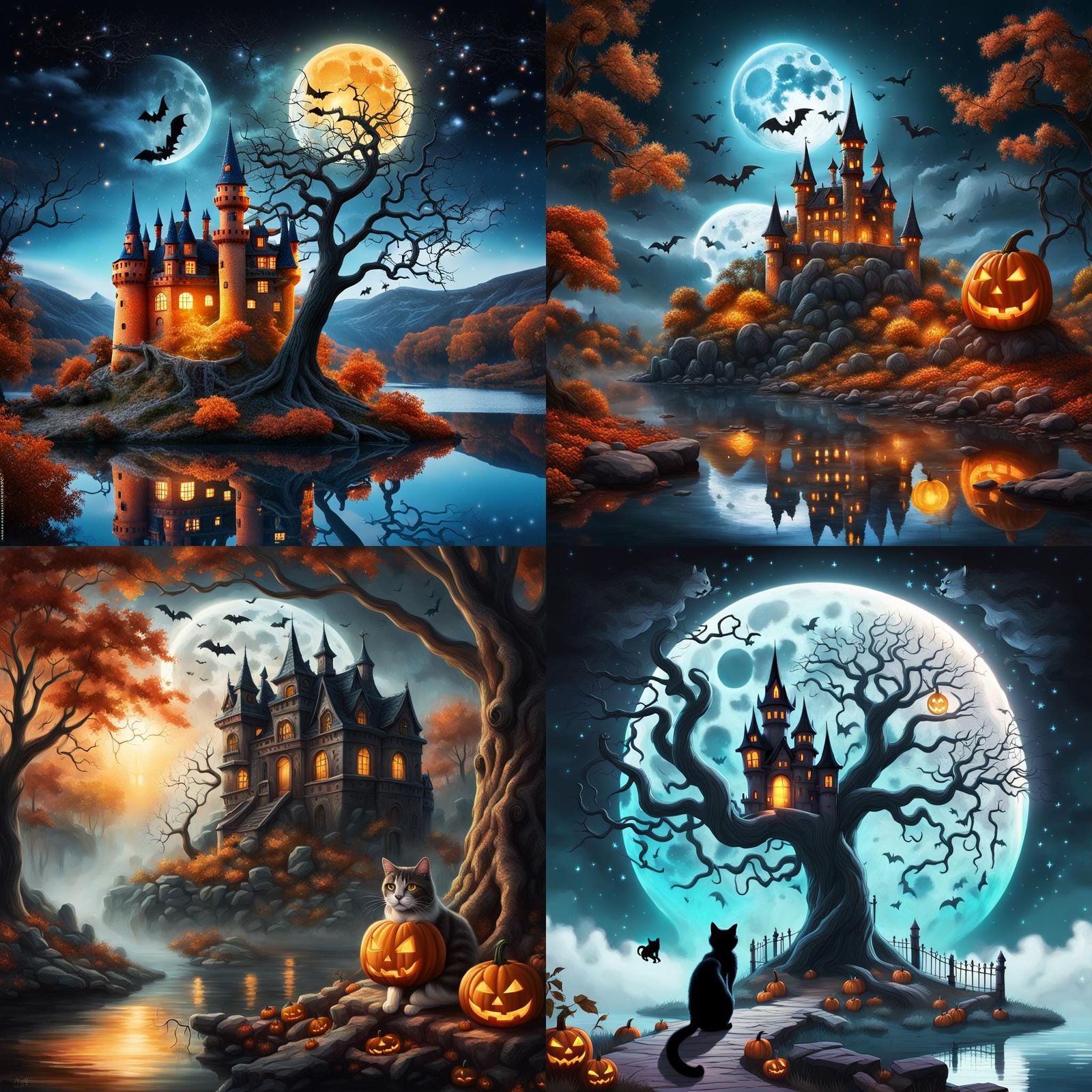 Fantasy Halloween Castle with Moon and Friendly Ghost