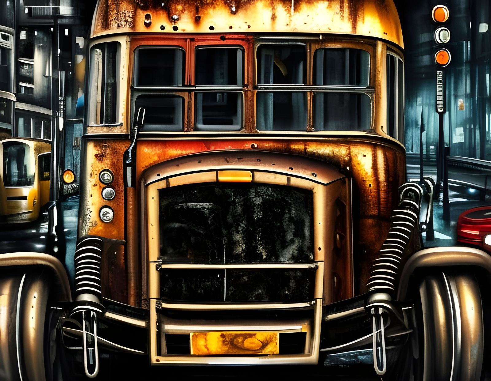 Steampunk London Bus Rat Rod on Futuristic Street