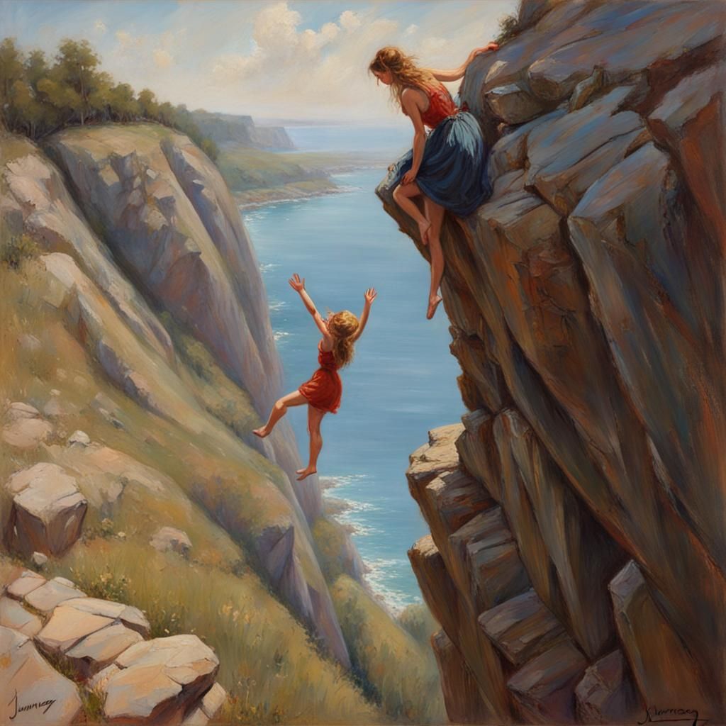 Beautiful girl plummeting from a cliff