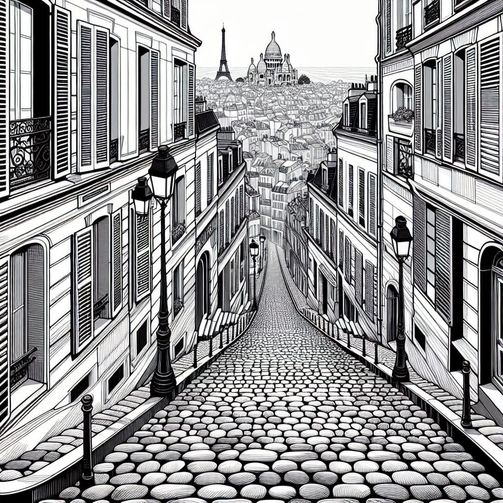 Monochrome Line Art of European Street Scene
