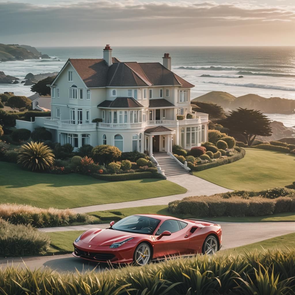 Dreamy Coastal House with Ferrari, Soft Focus