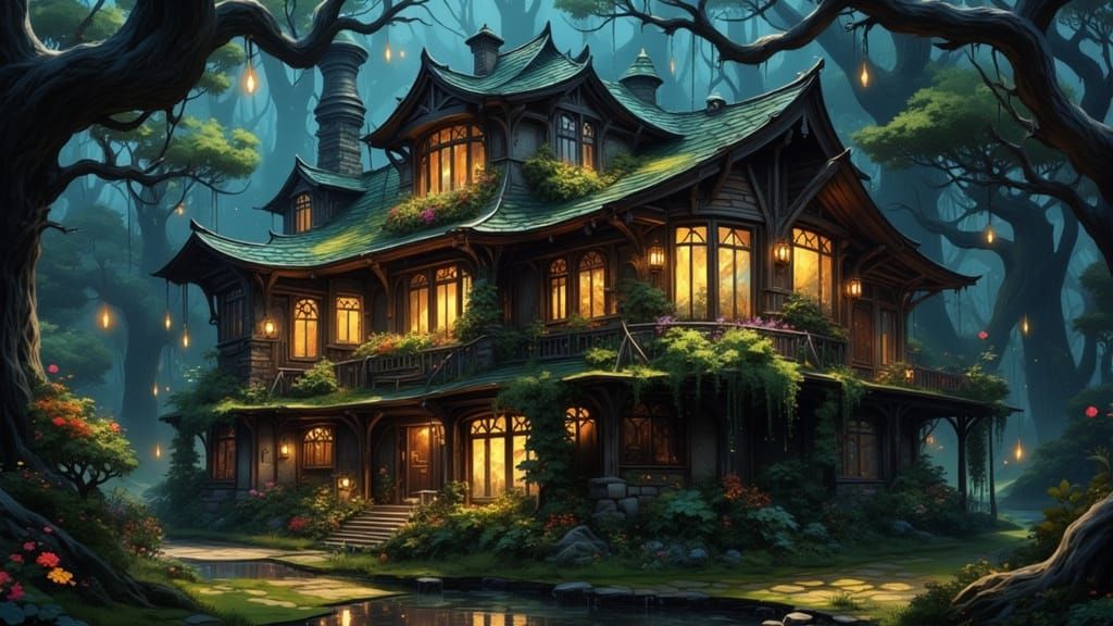 Floral Fantasy Forest Dwelling in Art Nouveau Style